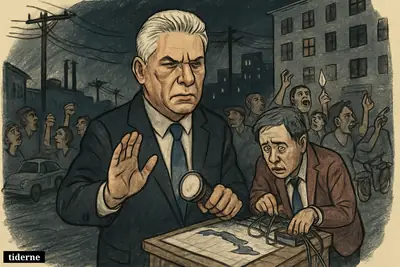 Caricatures of Cuba’s president and energy minister face angry residents in a dark Havana street during a nationwide blackout protest. (AI-genereret illustration)