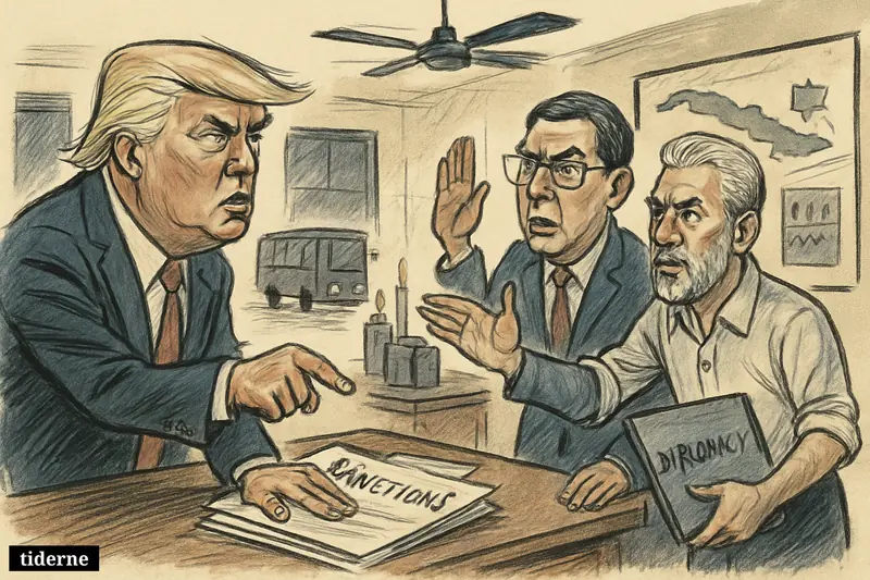 Trump confronts Cuban officials in a dark Havana office, with blackout signs, fuel shortage props, and tense diplomatic gestures.