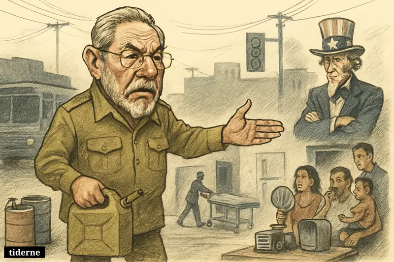 Raúl Castro stands with an empty fuel can as blackouts cripple transport, hospitals, and households, while a watchful Uncle Sam looms nearby.