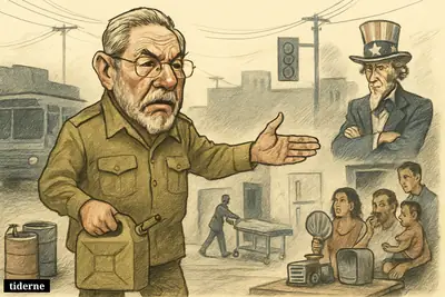 Raúl Castro stands with an empty fuel can as blackouts cripple transport, hospitals, and households, while a watchful Uncle Sam looms nearby.