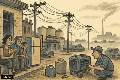 Darkened Havana street with anxious residents, an empty generator, sagging power lines, bare fuel tanks, and stalled tankers offshore during an acute energy crisis.