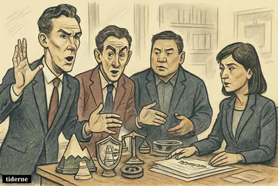 Benedict Cumberbatch, Alan Cumming, and Benedict Wong urgently appeal to Lisa Nandy across a desk covered with merger and film industry symbols. (AI-genereret illustration)