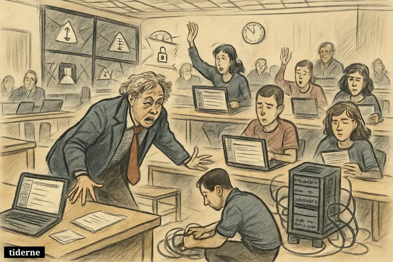 Students and faculty in a university exam hall panic as laptops fail during a cyberattack on an online learning platform.