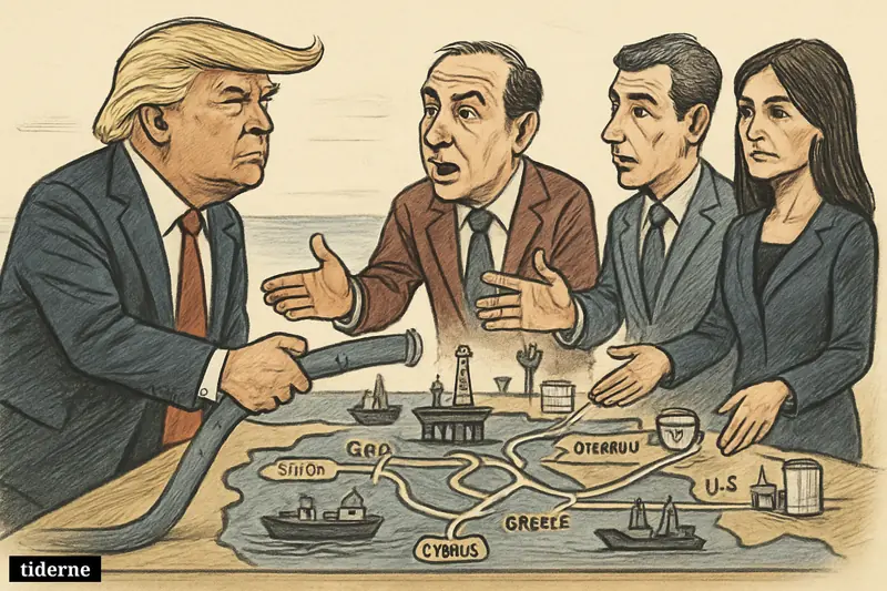 Trump leads a pipeline-centered meeting with Cyprus and Greece officials over offshore gas plans and Western energy security in the Mediterranean. (AI-genereret illustration)