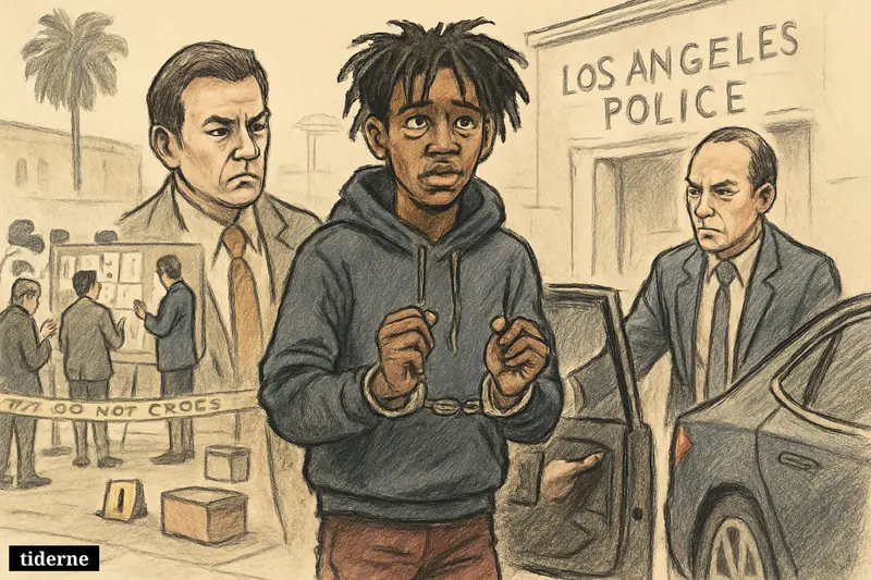 Caricature of singer D4vd being escorted by detectives outside a Los Angeles police station, with investigators, police tape, and a Tesla nearby.