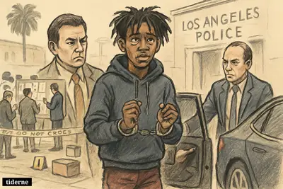 Caricature of singer D4vd being escorted by detectives outside a Los Angeles police station, with investigators, police tape, and a Tesla nearby.