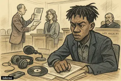 A courtroom caricature of D4vd seated tensely at the defense table while prosecutors present evidence, with music and social media props nearby.
