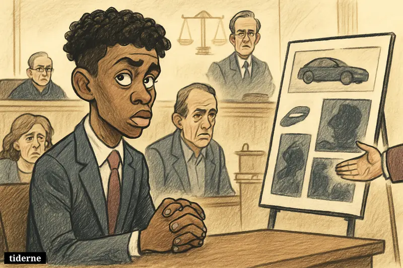 Courtroom caricature of D4vd at the defense table as prosecutors present evidence, with grieving parents watching and subtle Tesla-related props nearby. (AI-genereret illustration)