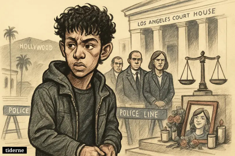 Caricature of D4vd outside a Los Angeles courthouse, tense and hunched, with investigators nearby and a memorial for a teenage girl on the steps.