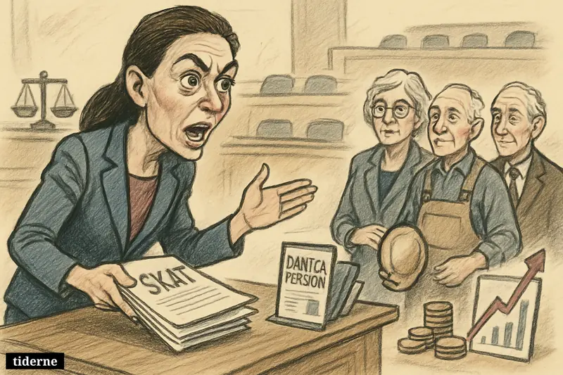 Caricature of Ane Halsboe-Jørgensen presenting tax papers to working seniors in a parliamentary chamber with pension and economic symbols around them.