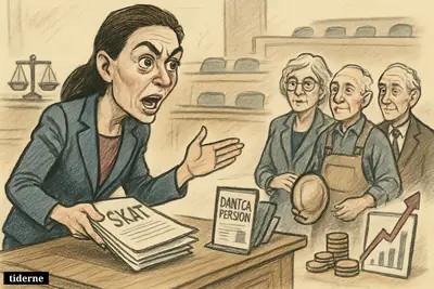 Caricature of Ane Halsboe-Jørgensen presenting tax papers to working seniors in a parliamentary chamber with pension and economic symbols around them.