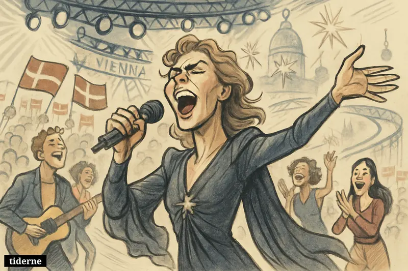 A jubilant Danish singer performs on a Eurovision-style final stage in Vienna as crowds wave Danish flags and celebrate.