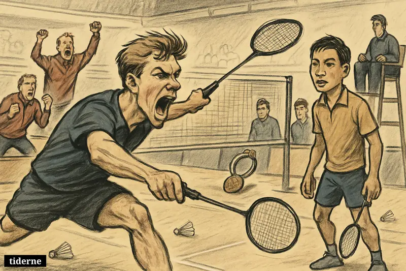 Caricature badminton match scene with Anders Antonsen smashing, Kunlavut Vitidsarn reacting, and Danish teammates celebrating a semifinal-clinching victory.