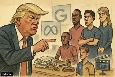 Caricature hearing room with Trump, Balogun, Lukaku, De Ketelaere, and Mette-Marit amid newspapers, coins, media gear, and looming tech-platform symbols.