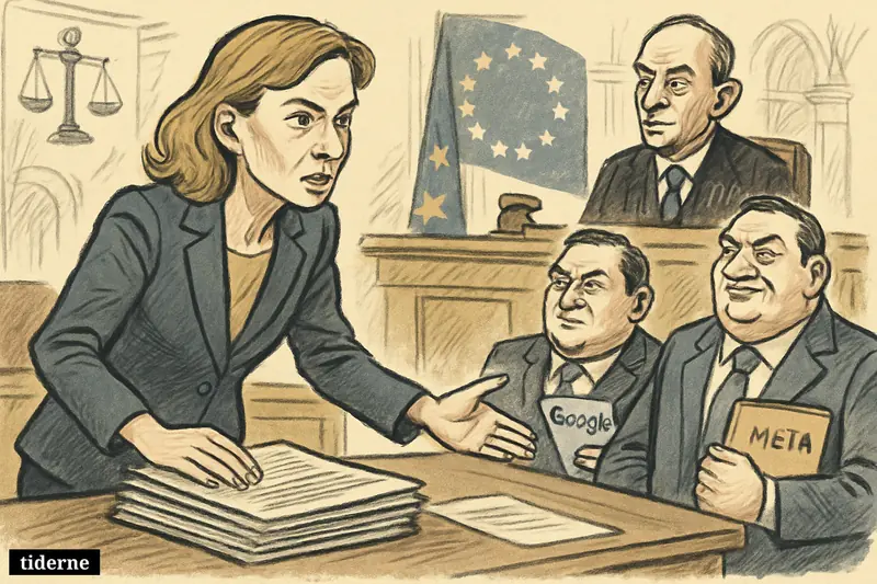 Caricature of Zenia Stampe confronting platform executives in an EU courtroom while Maciej Szpunar presides over a dispute about news payment.