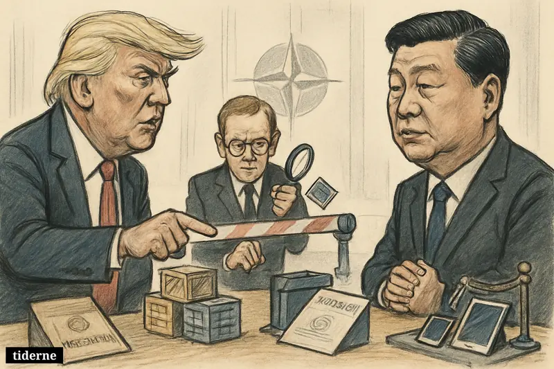 Trump and Xi face off across a Danish security checkpoint filled with chips, crates, papers, and a barrier controlled by a Danish official.