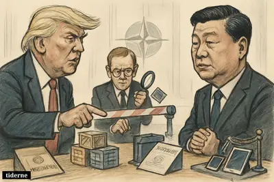 Trump and Xi face off across a Danish security checkpoint filled with chips, crates, papers, and a barrier controlled by a Danish official.