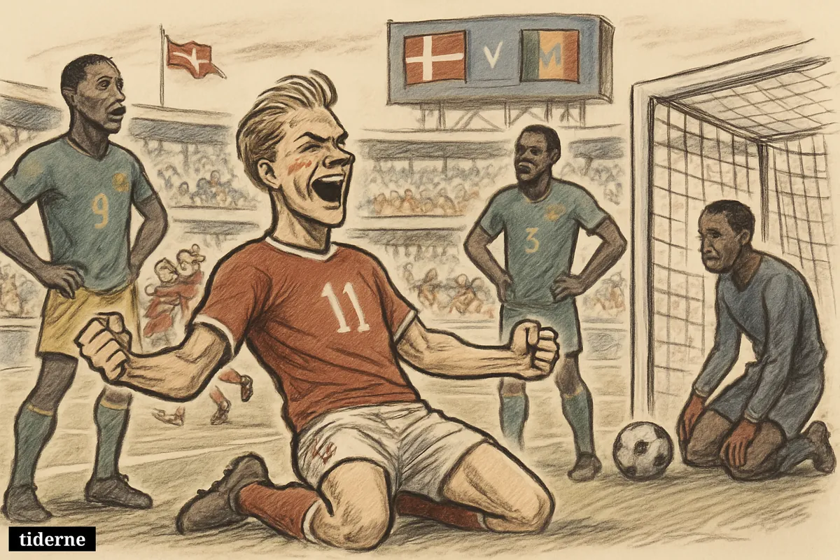 Danish players celebrate a crucial goal as dejected Cameroon players stand near the net during a tense World Cup group match.