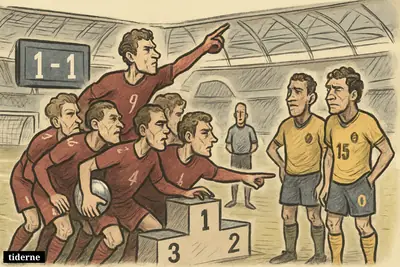 Danish football players hold second place on a podium-like group stage as disappointed Australian players react beside them in a stadium.