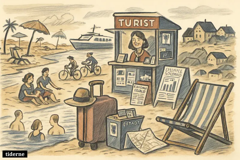 A Danish beach-harbor scene attracts relaxed tourists while a distant overheated southern resort contrasts with Denmark’s comfortable summer appeal. (AI-genereret illustration)