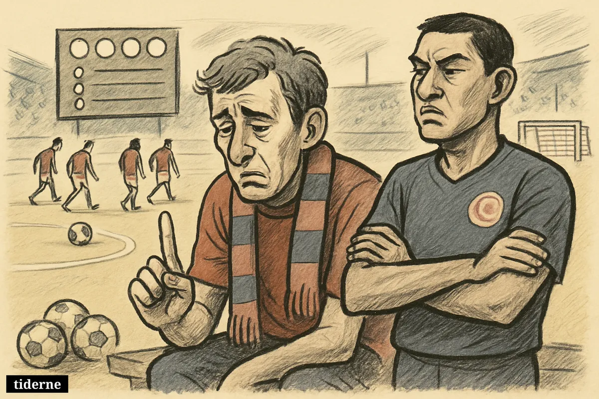 A worried Denmark supporter and frustrated players react to a disappointing World Cup opener against Tunisia in a tense stadium scene.