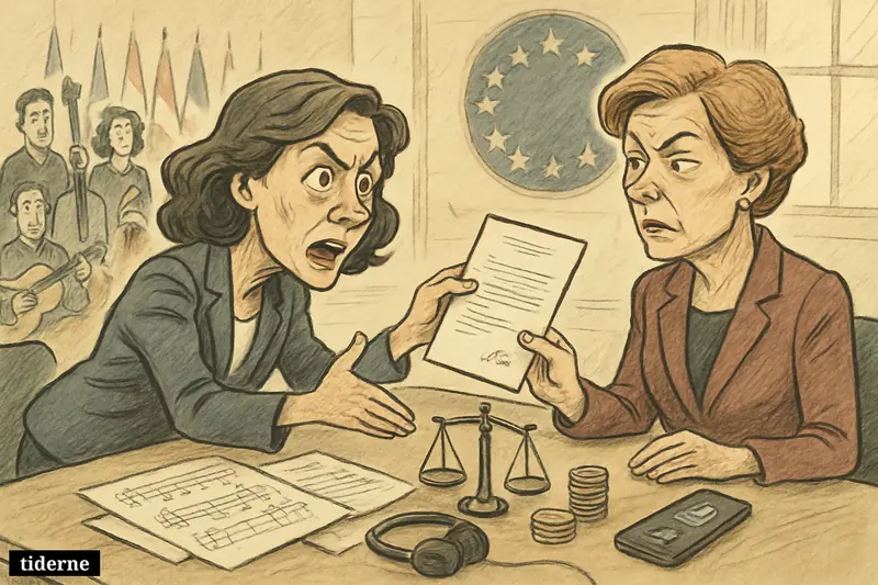 Caricature of Zenia Stampe handing a letter to Henna Virkkunen across a table with music, legal, and payment symbols. (AI-genereret illustration)