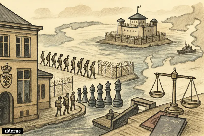 A political caricature shows Denmark pushing asylum seekers toward fenced offshore return hubs beyond Europe, with chess pieces and justice scales symbolizing EU policy.