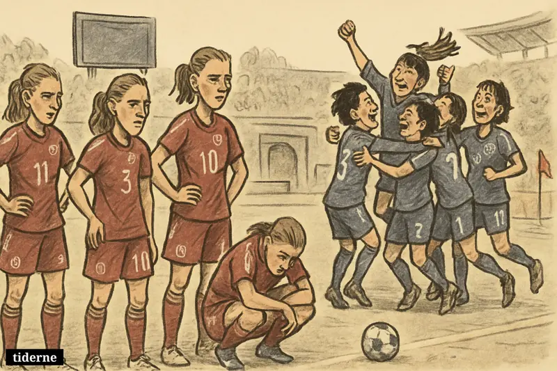 Dejected Danish football players face the pitch while jubilant Japanese players celebrate behind them after a decisive World Cup group-stage match.