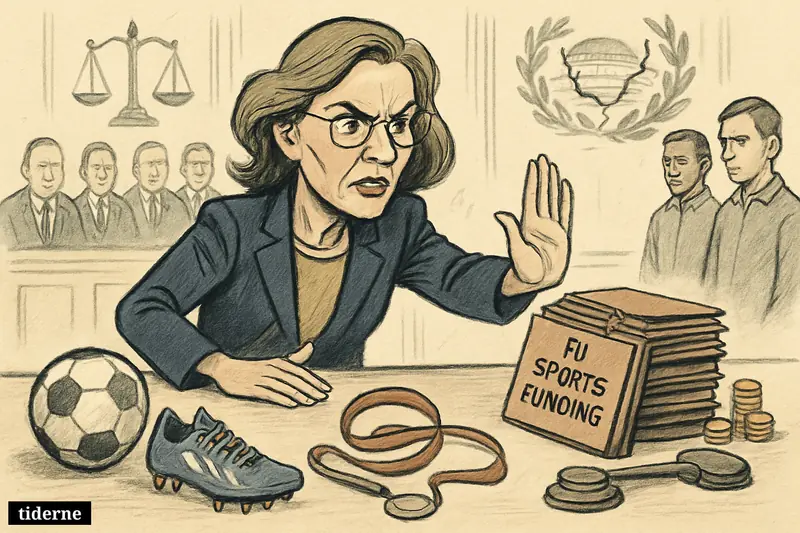 Caricature of Danish minister Zenia Stampe blocking sports funding at a conference table, with allied officials, athletes, and symbolic regulation props. (AI-genereret illustration)