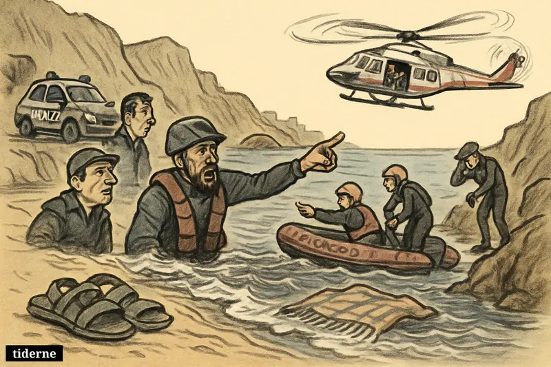 Italian rescue teams search rough coastal waters near Sicily, with divers, a helicopter, and abandoned sandals on the shore.