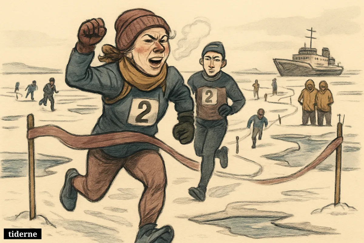 Caricature runners race across drifting Arctic sea ice, with a woman breaking the finish ribbon near a polar ship at the North Pole. (AI-genereret illustration)
