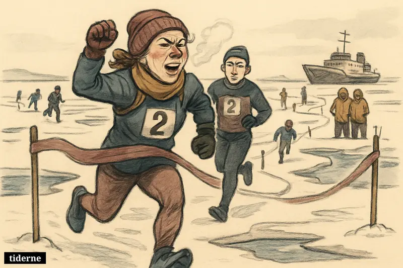 Caricature runners race across drifting Arctic sea ice, with a woman breaking the finish ribbon near a polar ship at the North Pole. (AI-genereret illustration)