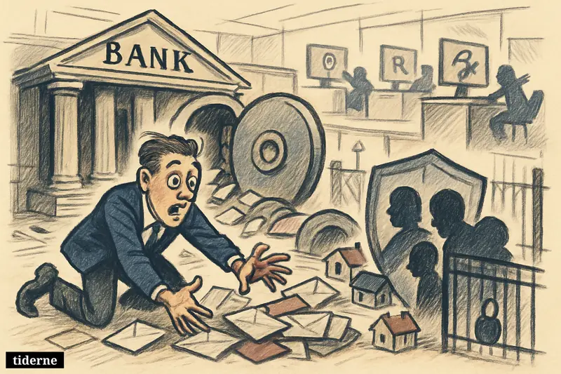 A bank vault spills private household envelopes as a panicked clerk scrambles, while a family shelters behind a shield and gate.