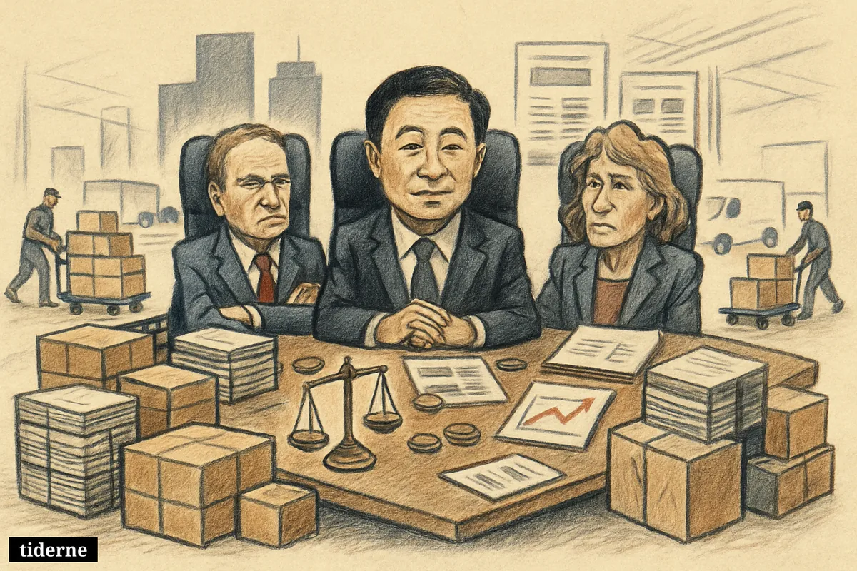 Three executive chairs dominate a Dao distribution hub filled with parcels, newspapers, conveyors, finance props, and media-owner references in the background.