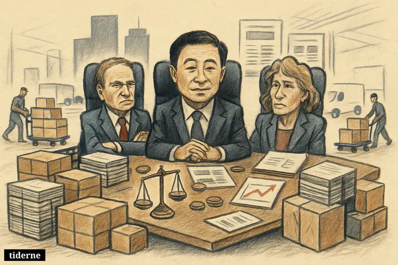 Three executive chairs dominate a Dao distribution hub filled with parcels, newspapers, conveyors, finance props, and media-owner references in the background.