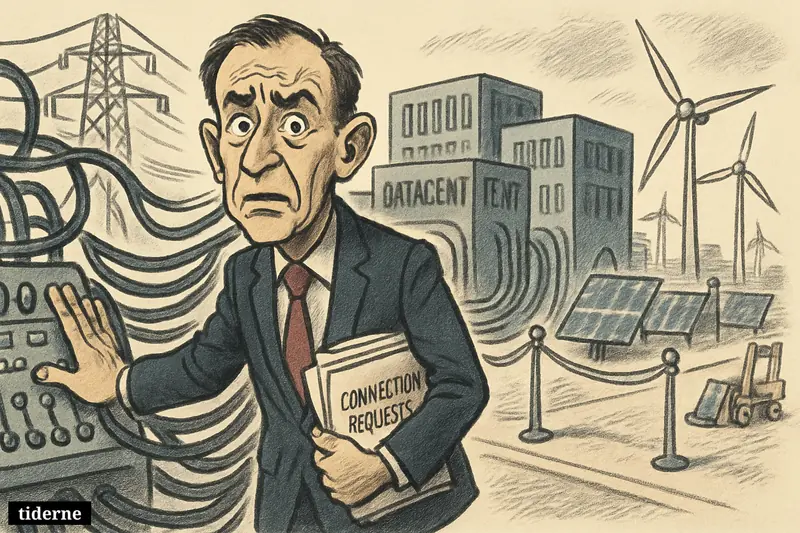 Thomas Egebo caricature stands before a tangled power grid as datacentres crowd capacity and delayed wind and solar projects wait behind barriers.
