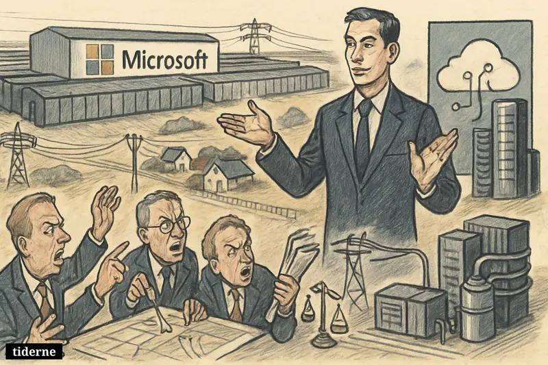 A huge Microsoft data centre overshadows arguing local officials, farmland, power infrastructure, and an imposing corporate figure presenting AI expansion.