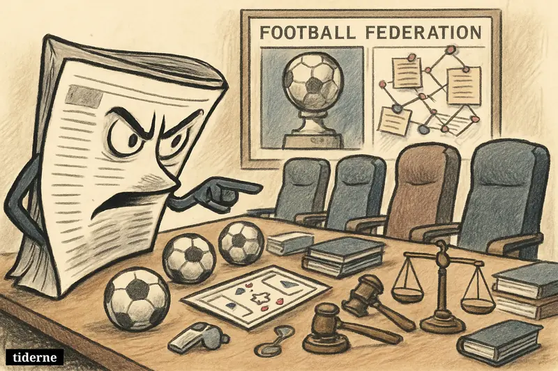 A stern newspaper confronts empty federation boardroom chairs surrounded by football and governance props, symbolizing harsh criticism of long football leadership.