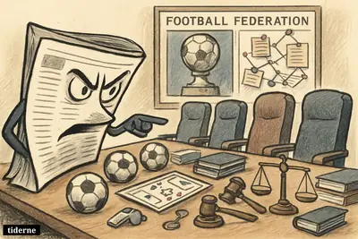 A stern newspaper confronts empty federation boardroom chairs surrounded by football and governance props, symbolizing harsh criticism of long football leadership.