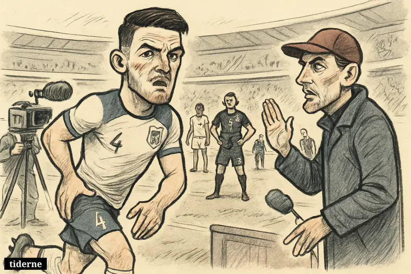 Declan Rice caricature jogs off the pitch clutching his back and hamstring as teammates, opponents, and a sideline coach watch.