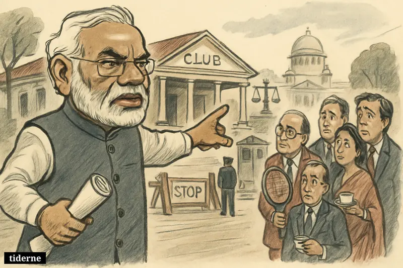 Caricature of Narendra Modi ordering an elite Delhi club to vacate while anxious members gather near barriers and a courthouse.