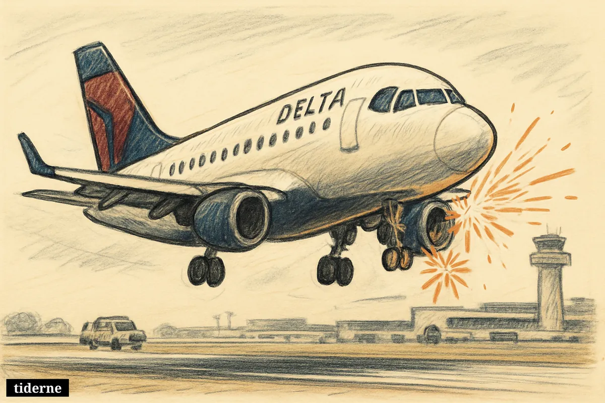 A caricature Delta passenger jet lands near a runway as fireworks burst dangerously close beneath its wings at Chicago Midway.
