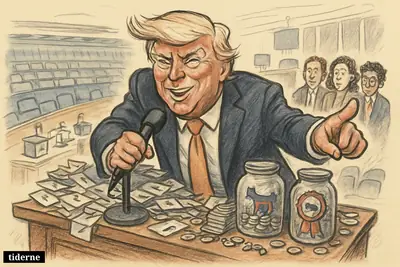 Caricature of Donald Trump at a campaign podium, surrounded by fundraising props and election symbols inside a simplified House chamber.