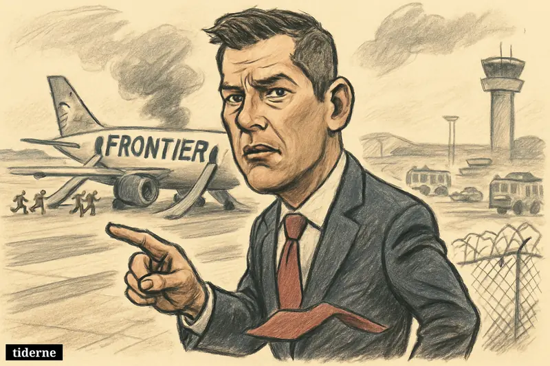 Sean Duffy on a runway before a halted passenger jet with smoking engine, evacuation slides, responders, and a broken airport fence.