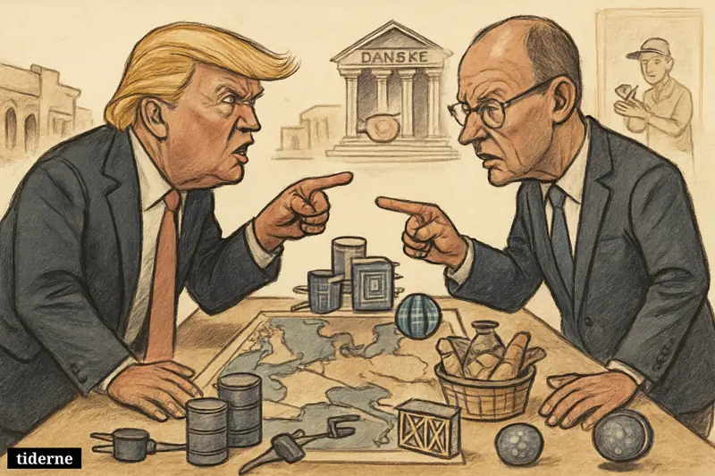 Caricature of Trump and Merz confronting each other across a table covered with energy, security, food, and technology symbols.