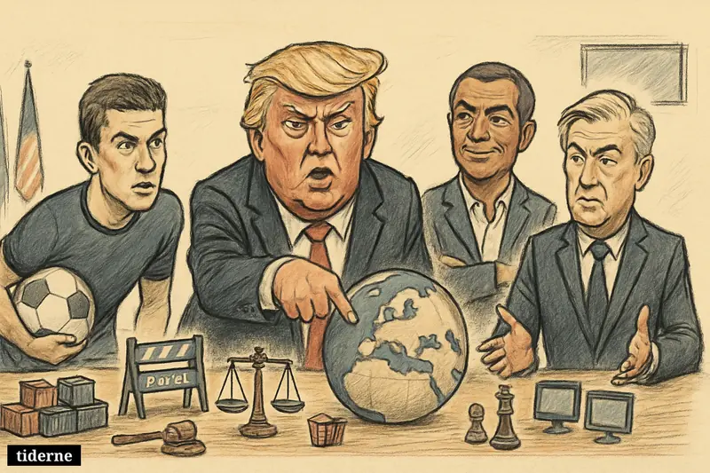 Caricature of Trump, Pulisic, Romário, and Ancelotti gathered at a news desk with Greenland globe, sports, crime, and business symbols. (AI-genereret illustration)