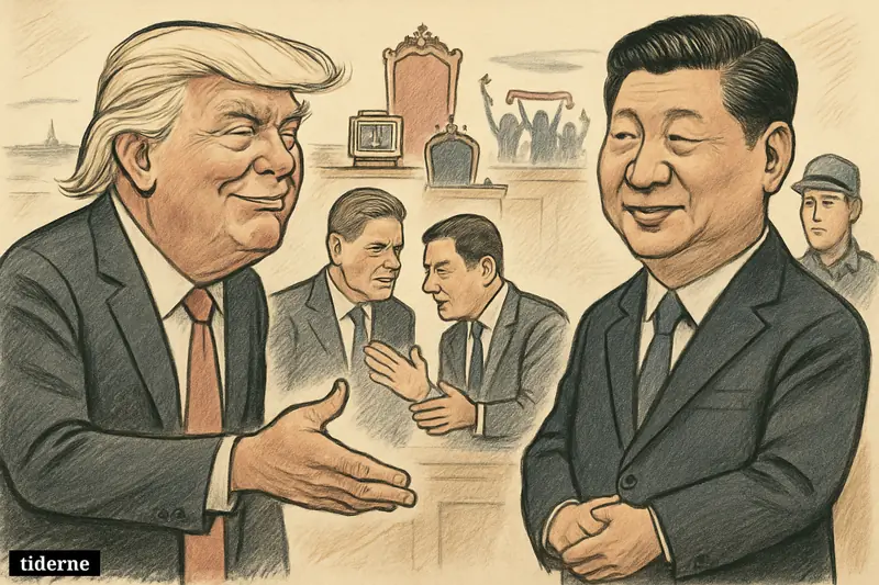 Trump and Xi dominate an international hall while Starmer and Streeting confer nearby, with sidelined Mladić and symbols of royal health, football celebration, and crises.