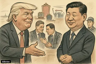 Trump and Xi dominate an international hall while Starmer and Streeting confer nearby, with sidelined Mladić and symbols of royal health, football celebration, and crises.