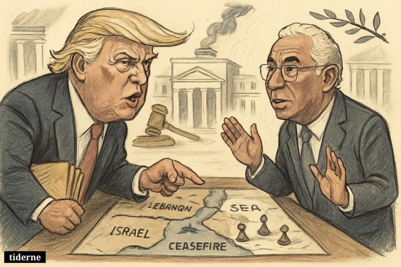 Caricature of Donald Trump and António Costa confronting each other over maps, legal files, and ceasefire symbols in a tense geopolitical setting.