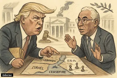 Caricature of Donald Trump and António Costa confronting each other over maps, legal files, and ceasefire symbols in a tense geopolitical setting.